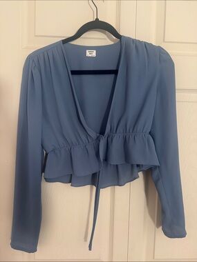 Sunday Best Dusty Blue Ruffle Tie-Front Blouse